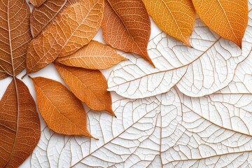 Poster - Autumn-inspired arrangement of orange and white dried leaves on a light background showcasing nature's textures and patterns