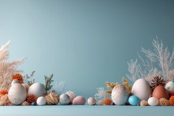 Wall Mural - Decorative arrangement of colorful Easter eggs with natural elements on a light blue background during springtime