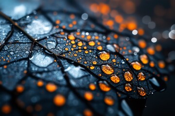 Poster - Close-up view of a wet leaf adorned with water droplets reflecting warm tones of orange in low light
