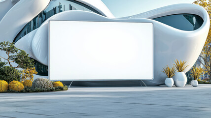 Poster - Futuristic building with large blank billboard in modern plaza