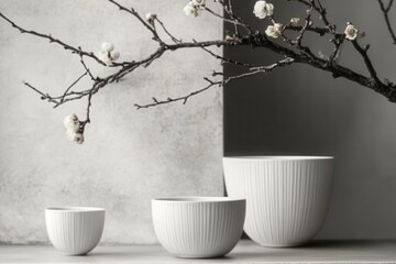 Aufkleber - Elegant white ceramic bowls arranged beside a delicate branch with flowers on a soft gray background