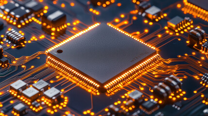 Poster - Close up of glowing microchip on circuit board
