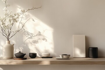 Leinwandbilder - Elegant display of minimalistic ceramics and natural elements in a calm interior setting