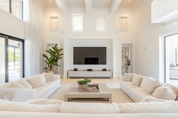 Poster - Modern spacious living room with cozy seating and natural light in a contemporary home design
