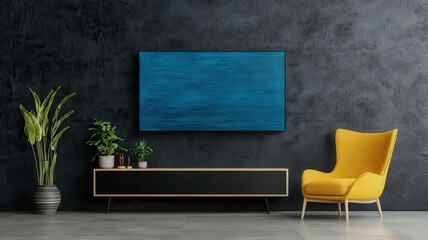 Wall Mural - Modern living room with blue painting and yellow chair