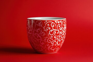 Aufkleber - Decorative ceramic cup with intricate white patterns on vibrant red background