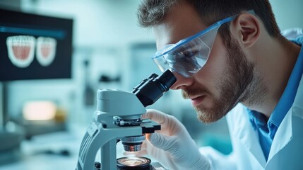 Poster - scientist intensely focused on examining a sample using a microscope in a modern laboratory. wearing