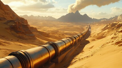 Sticker - Vast desert landscape featuring a long pipeline leading to distant mountains under a cloudy sky