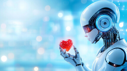 Poster - A humanoid robot with a sleek design holds a glowing red heart in its hands. The backdrop features a blurred, high-tech environment, suggesting a blend of technology and emotion