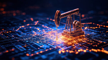 Poster - digital oil pumpjack glowing on circuit board background
