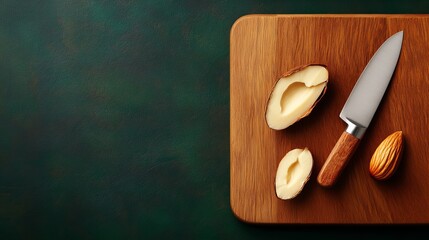 Cracked almonds on a wooden cutting board with a knife.  A healthy snack or ingredient.