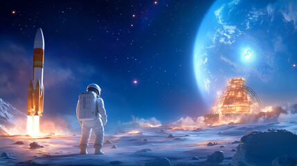 Wall Mural - an astronaut in a space suit stands on the lunar surface, captivated by a rocket launching into the 