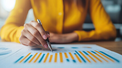 Poster - person analyzing financial charts with pen on desk