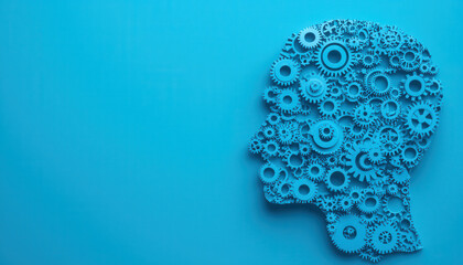 Poster - Silhouette of head made of gears on blue background