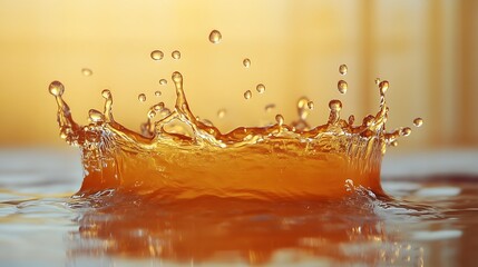 Poster - Dramatic and eye catching splash of golden amber hued liquid captured in mid air creating a dynamic and energetic visual display with bursting droplets rippling waves and a vibrant luminous glow