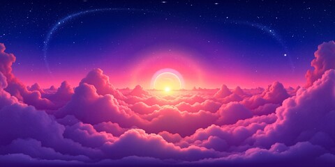 Poster - Vibrant sunset clouds with starry sky, dreamlike atmosphere. celestial fantasy concept - 360 degree landscape