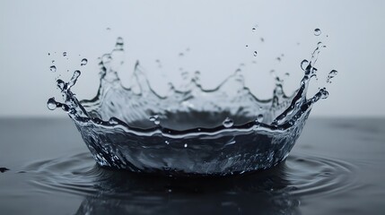 Fototapete - Dramatic crown shaped water splash freezing in mid air against a simple minimalist and monochrome background  The powerful liquid impact creates an abstract and elegant pattern with a sense of motion