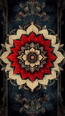 Poster - Intricate mandala design resembling a flower, featuring red and white petals and golden decorative elements, creating a visually captivating artwork