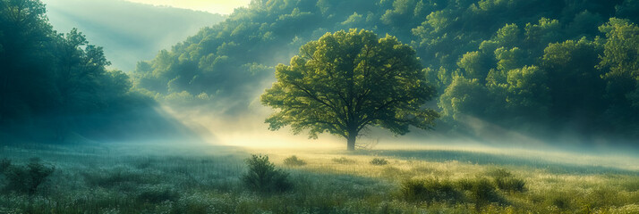 Wall Mural - foggy meadow. enchanting sunrise