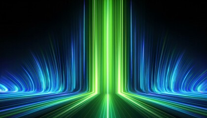 Wall Mural - abstract black background with green blue neon lines go up and disappear 3d illustration