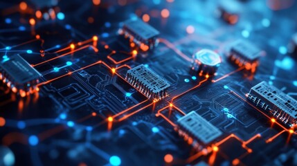 Poster - Close up view of a circuit board with glowing pathways and microchips, highlighting the intricate design and connectivity essential for modern electronic devices and computing technology