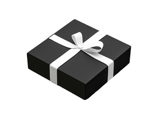 Black gift box with white ribbon and bow. Isometric