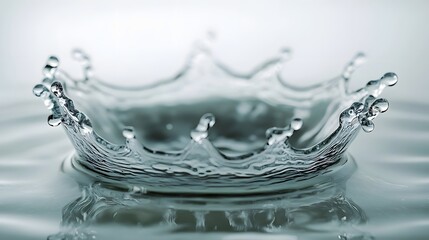 Poster - Dramatic water splash forming a crown like shape with circular rippling waves on a clean reflective surface  The image showcases the fluid dynamics and transparency of water in a style