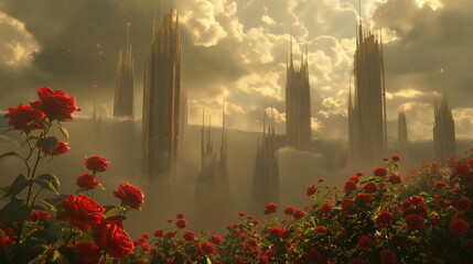 Wall Mural - Endless fields of lush red roses lie against the b_002