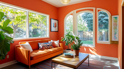 Wall Mural - A bright orange room with a couch a coffee table and a potted plant