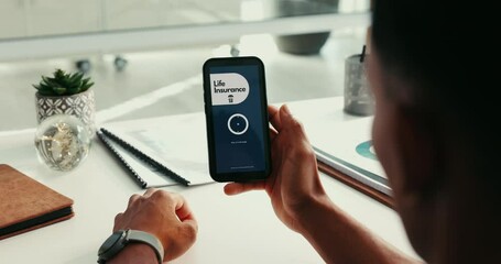 Poster - Hands, phone screen and life insurance at office with application, sign or check mark at creative agency. Person, smartphone and user experience with approval, symbol and registration at workplace