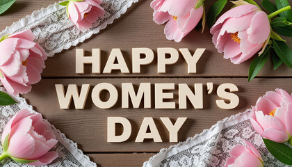 Happy Women's Day message in wooden letters decorated with pink peonies and lace on wood