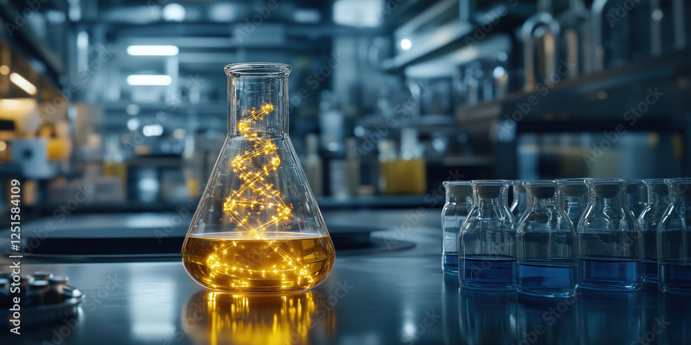 Futuristic laboratory with glowing DNA in flask, showcasing scientific ...