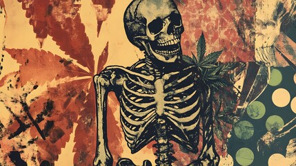 Poster - Eerie Skeleton and Autumn Leaves Grunge Background