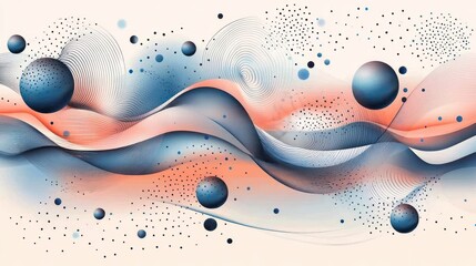 Wall Mural - Abstract flowing waves, spheres, dots; light background; digital art, website design