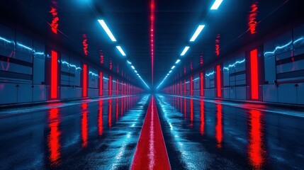 Poster - Neon-lit corridor, futuristic hallway, red blue lights, reflective floor, digital art background