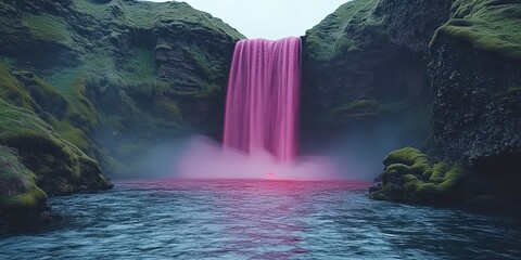 Wall Mural - Stunning Pink Waterfall in Serene Landscape with Flowing River and Lush Greenery, Perfect for Nature Lovers Seeking Unique and Mystical Outdoor Scenery