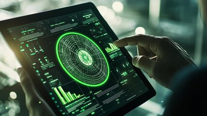 Poster - software engineer working late at night using futuristic tablet with green holographic interface and