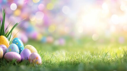  Colorful Easter Eggs In Green Grass With Blurred Background Of More Easter Eggs And Sunlight.