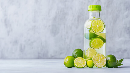 Sticker - Refreshing lime drink in a bottle with fresh limes.