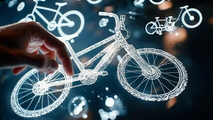 Poster - engineer uses augmented reality technology, touching a holographic projection of a bicycle design, s