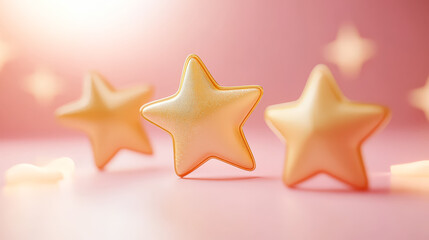 Wall Mural - three gold stars are placed on a pink background. the stars are shiny and stand out against the pink