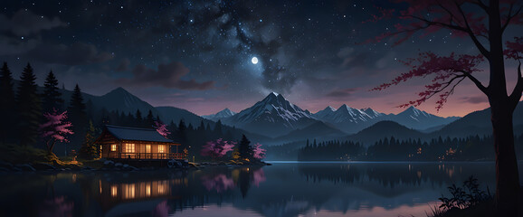 Wall Mural - fantasy lake among mountains reflecting a fantastic nebula