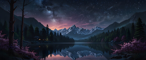 Wall Mural - fantasy lake among mountains reflecting a fantastic nebula