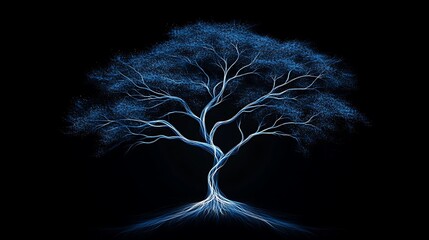 Celestial Blue Tree: A Digital Painting on Black Background AI Generated