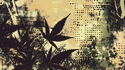 Poster - Grunge Silhouette Of Cannabis Leaves In Psychedelic Digital Pattern On Abstract Textured Background