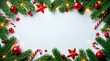 © Sumrit - Festive Holiday Border with Evergreen Branches, Ornaments, and Candy Canes on a White Background