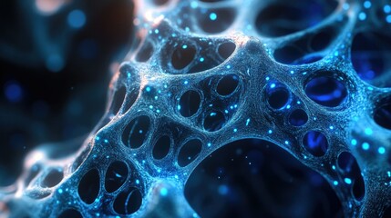 Poster - A 3D abstract representation of global networking, featuring intricate web-like connections and bright blue highlights.