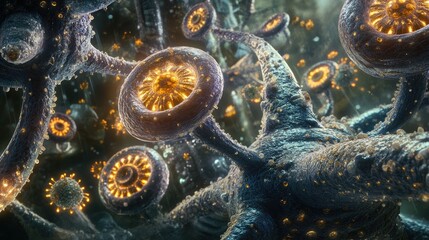 Poster - A biologically inspired 3D scene showcasing multiple types of cells, each with detailed textures and glowing accents.
