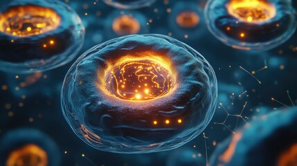 Poster - A biologically inspired 3D scene showcasing multiple types of cells, each with detailed textures and glowing accents.