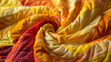 Wall Mural - A dynamic pinwheel quilt design in bright yellow, orange, and red, arranged to create a spinning effect. The high-resolution photo captures every detail of the twisting fabrics and fine seams.